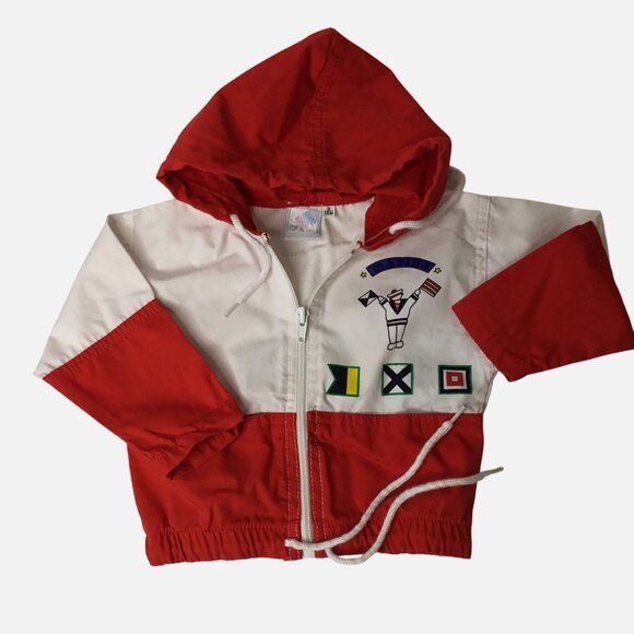 Vintage RATTLES 12M Nautical Baby Windbreaker Jacket Red White Flags Zip Hoodie